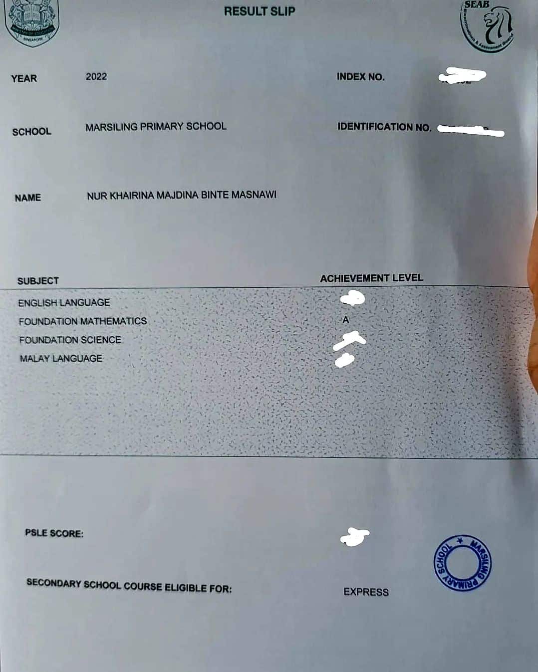 Picture of MasterMaths P6 Student Result